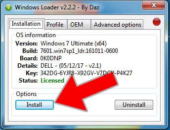 Ventana histórica de Windows Loader con datos del sistema.