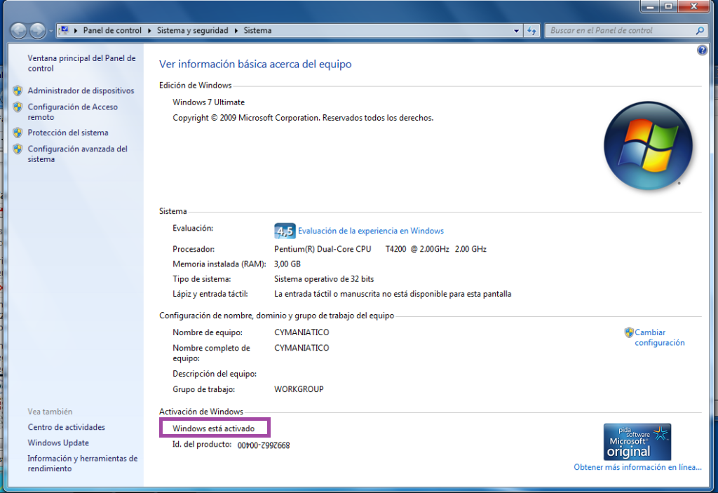 Pantalla de comprobación del sistema de la demostración.