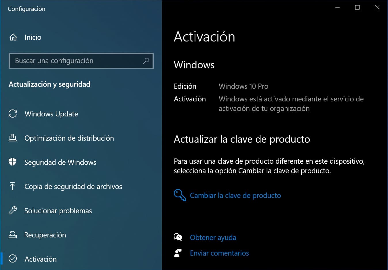 Configuración de Windows 10 con información del estado de activación